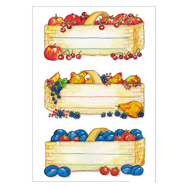 Naklejki kuchenne &quot;Kosze z owocami&quot; (12 naklejek) | 4 arkusze = 12 naklejek papierowych.