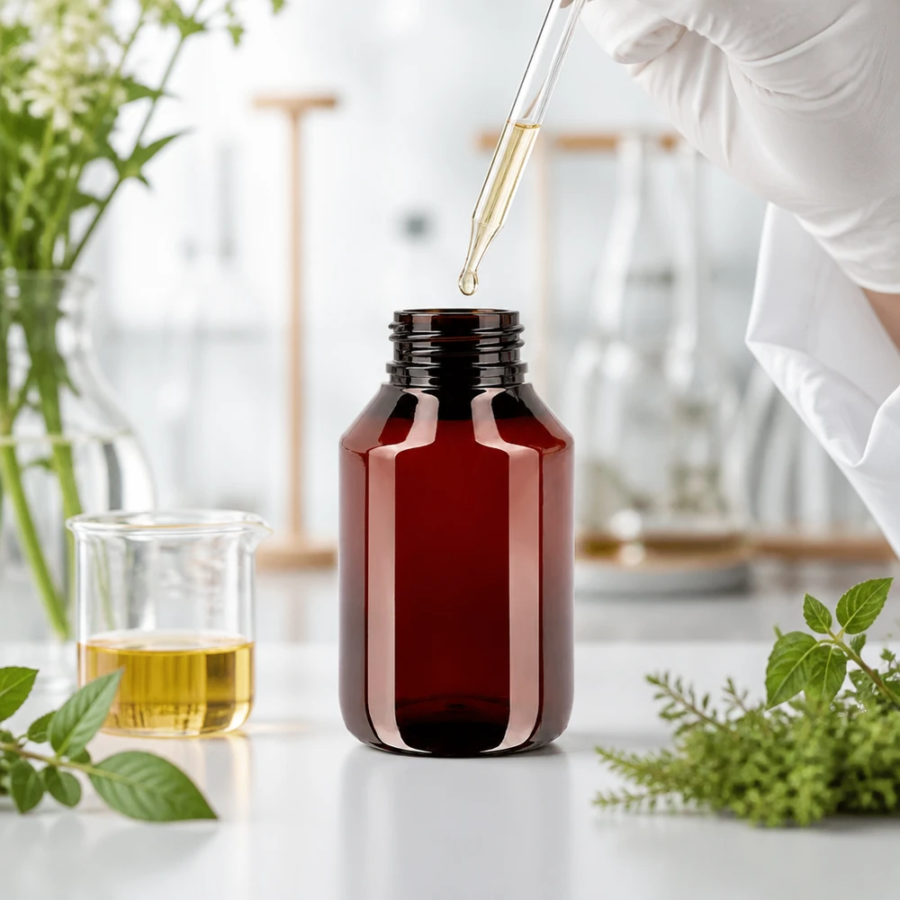 Butelka PET 50ml z nakrętką odgazowującą czerwona Brązowa butelka PET o pojemności 50 ml z zamknięciem odgazowującym, przeznaczona do olejków eterycznych i płynów laboratoryjnych