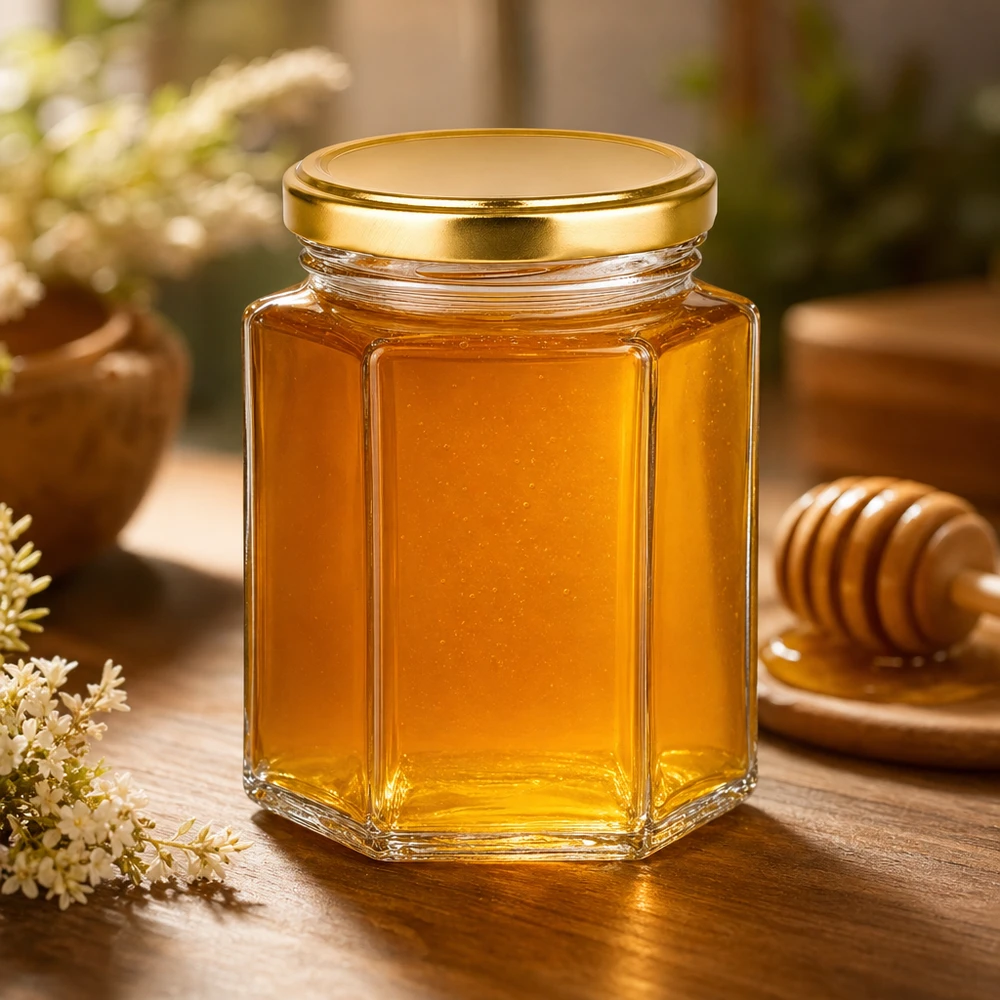 250g słoik miodu sześciokątny BasicSeal ze złotą pokrywką wypełniony miodem obok łyżki miodu na drewnianym stole produkt naturalny