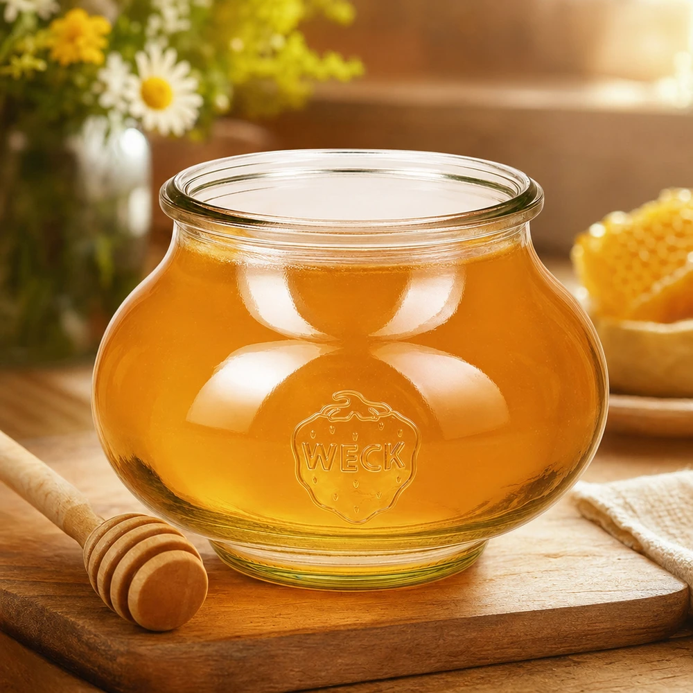 Szklany słoik dekoracyjny WECK RR80 o pojemności 560 ml Słoik jubilerski WECK 560ml RR80 wypełniony błyszczącym złotym miodem, łyżka miodu i plaster miodu na drewnianej desce