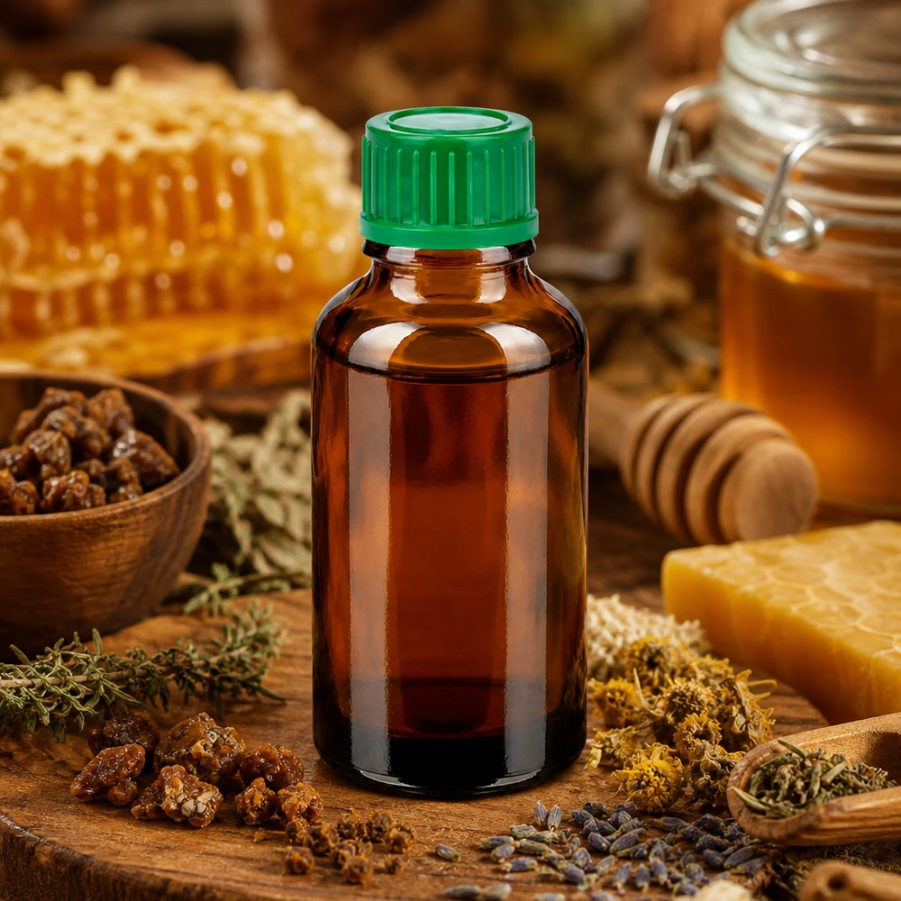 30 ml bursztynowa szklana butelka z materiału chroniącego przed promieniowaniem UV z zieloną zakrętką 11 mm do produktów naturalnych