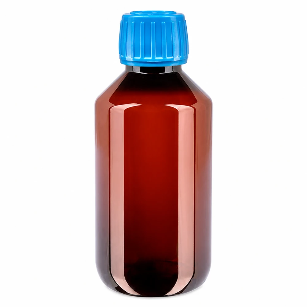 Brązowa butelka PET o pojemności 200 ml z niebieskim oryginalnym zamknięciem, przeznaczona dla branży farmaceutycznej i laboratoryjnej
