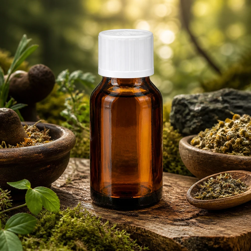 Butelka apteczna brązowa 30ml z kroplomierzem biała KiSi St Brązowa szklana butelka o pojemności 30 ml z białą nakrętką zabezpieczającą przed dziećmi, umieszczona pomiędzy drewnianymi miseczkami z suszonymi ziołami
