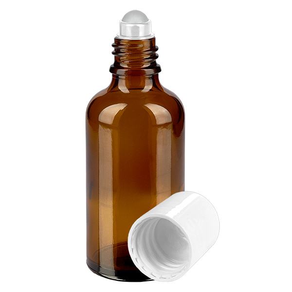Butelka apteczna brązowa 50ml nakrętka roll-on biała Butelka apteczna brązowa 50ml nakrętka roll-on biała