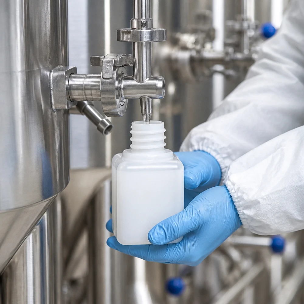 Technik w kombinezonie ochronnym pobiera próbkę ze zbiornika przemysłowego do butelki na chemikalia o pojemności 20 ml, wykonanej z polietylenu wysokogęstościowego (PE-HD) z gwintem GL18
