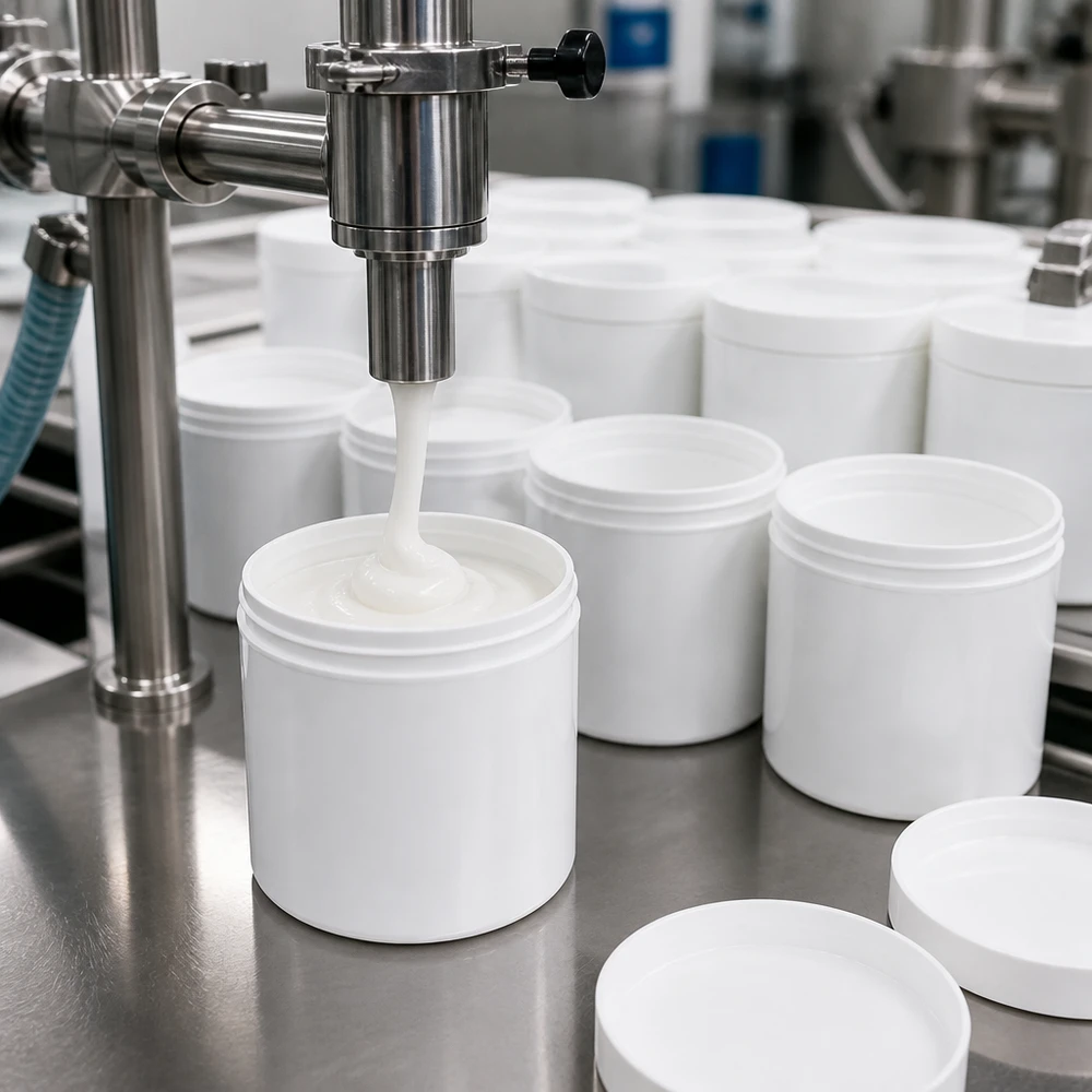 Linia rozlewnicza napełnia białe słoiczki z PP o pojemności 30 g kremem w ramach produkcji farmaceutycznej