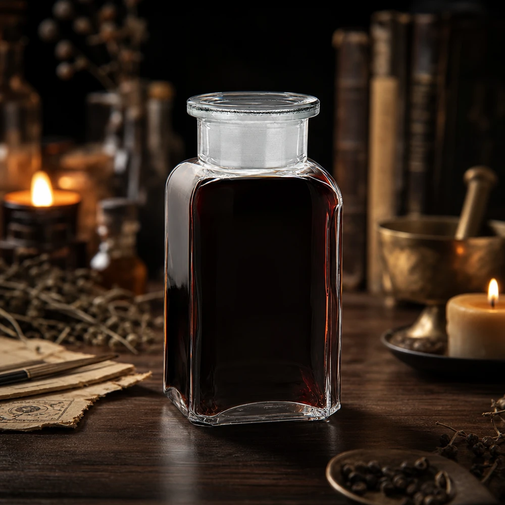 Przezroczysta butelka o przekroju kwadratowym, pojemność 100 ml, wypełniona ciemnym ekstraktem, na tle ziół i starych książek