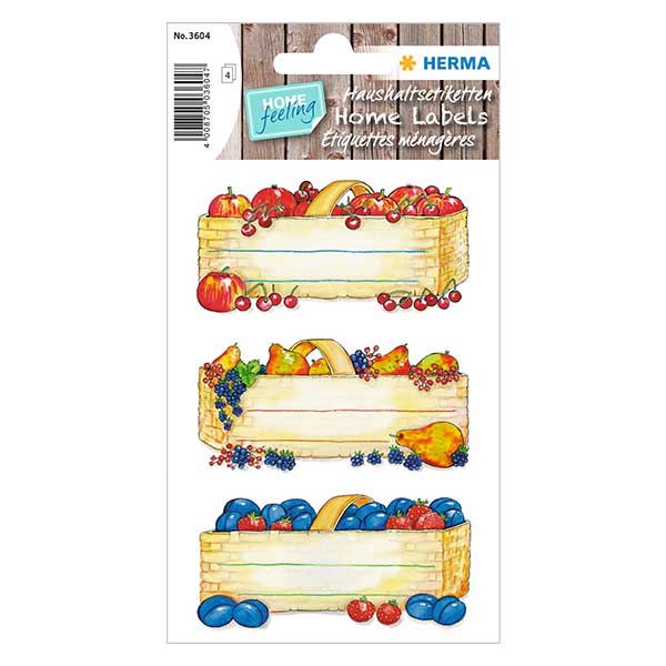 Naklejki kuchenne &quot;Kosze z owocami&quot; (12 naklejek) | 4 arkusze = 12 naklejek papierowych.