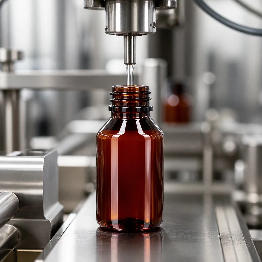 Butelka PET 50 ml z czarną nakrętką OV UV-schützende braune 50ml PET Flasche mit OV Verschluss beim maschinellen Befüllprozess