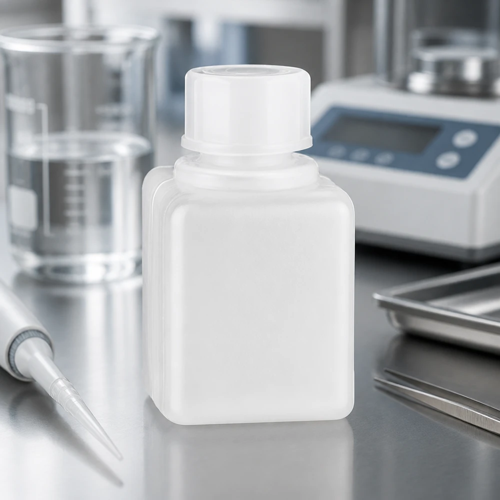 Butelka na chemikalia 20 ml, wąska szyjka z PE-HD, kolor naturalny Mała butelka na chemikalia z PE-HD o pojemności 20 ml w kolorze naturalnym na powierzchni ze stali nierdzewnej w laboratorium