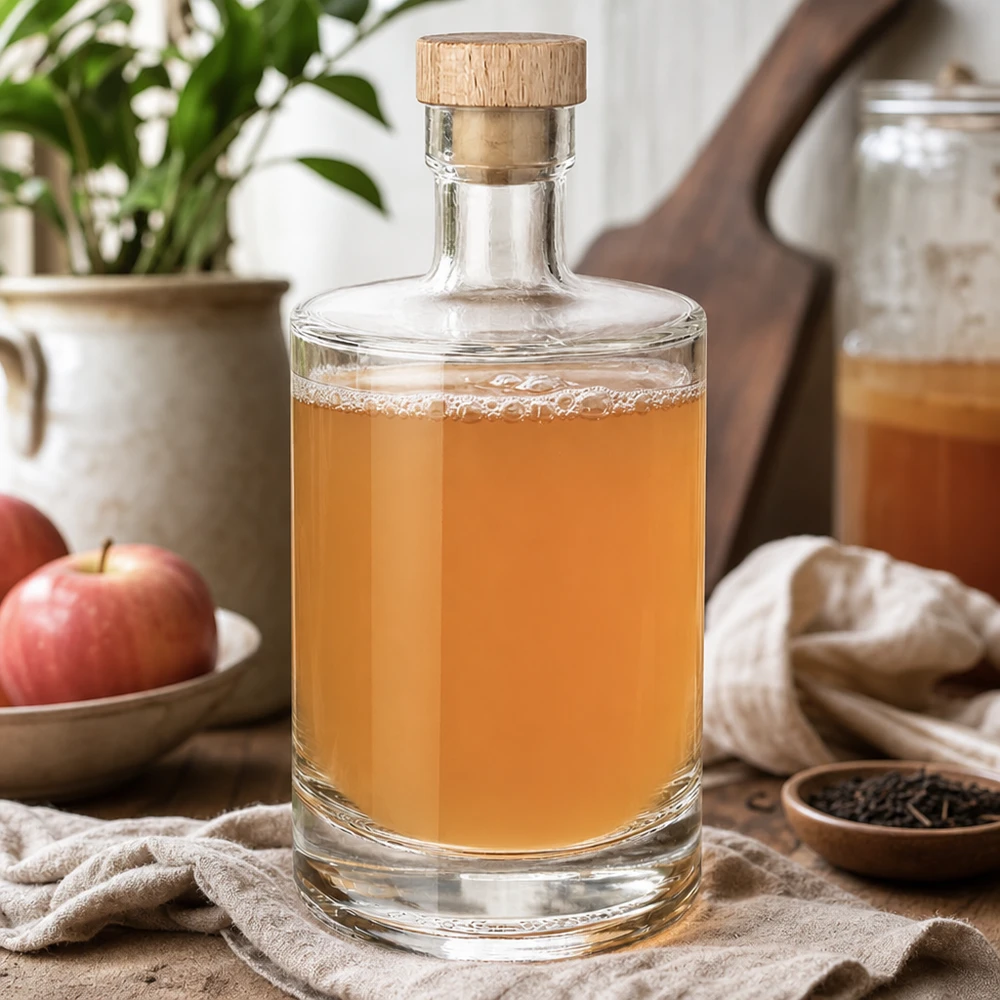 500ml szklana butelka Marie wypełniona likierem jabłkowym - drewniany korek UNiTWIST - Kuchenna martwa natura z jabłkami i przyprawami