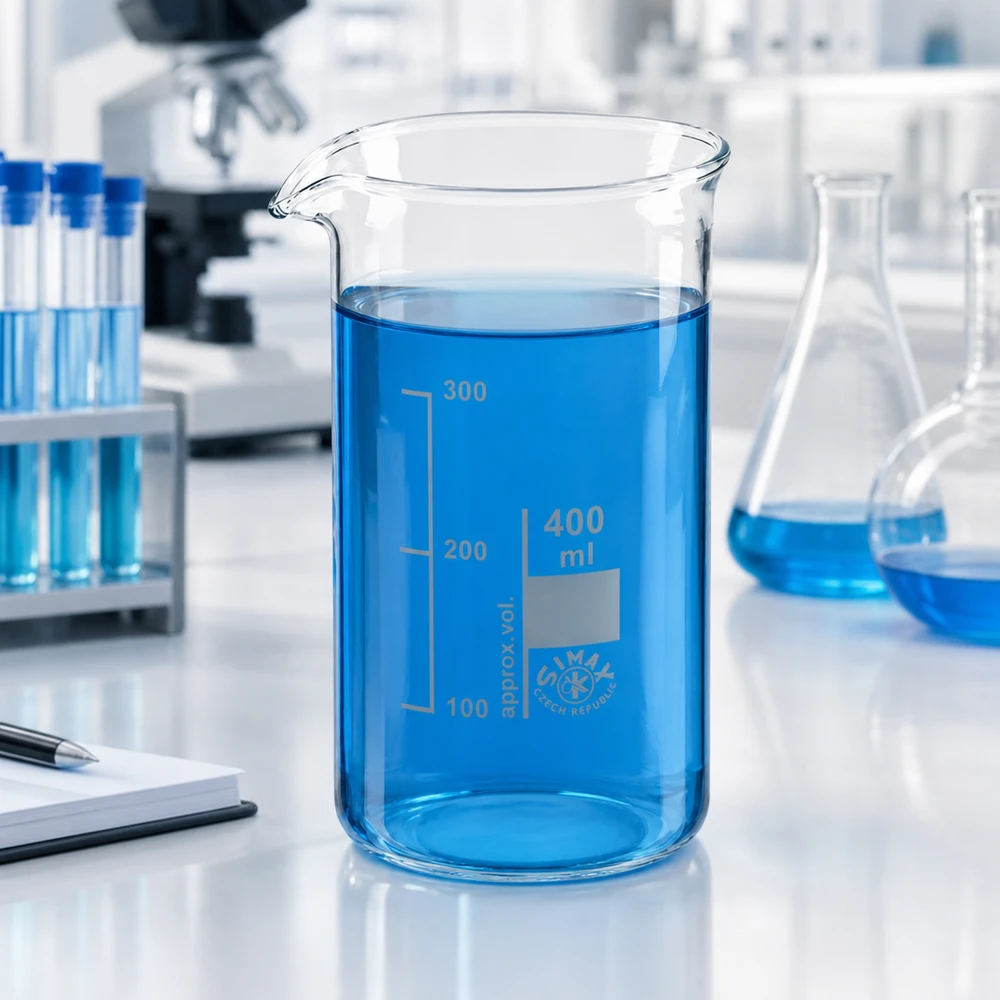 Zdjęcie laboratoryjne: zlewka o pojemności 400 ml, wysoka, z niebieską cieczą na białym stole laboratoryjnym