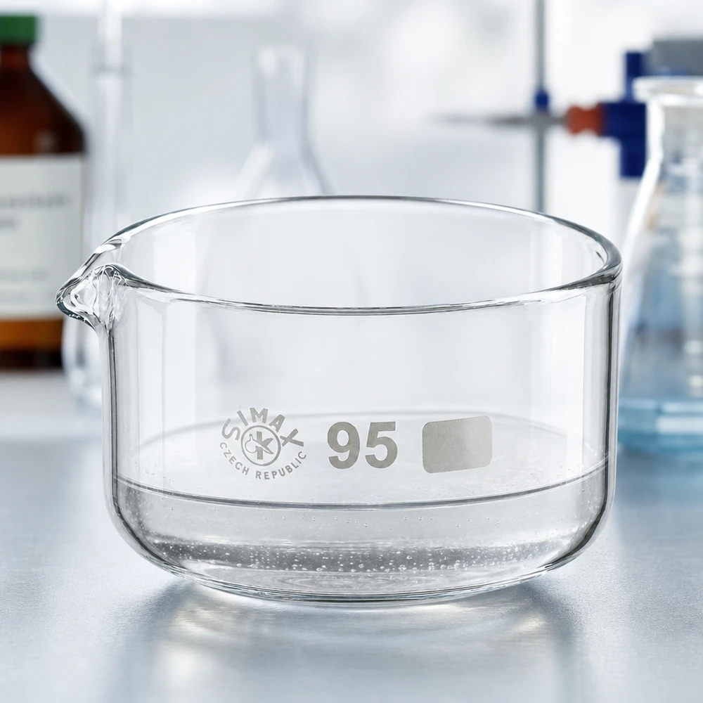 Pusta, przezroczysta miska krystalizacyjna 300 ml, szkło borokrzemowe, wylewka ø95 mm, laboratorium SIMAX, Czechy