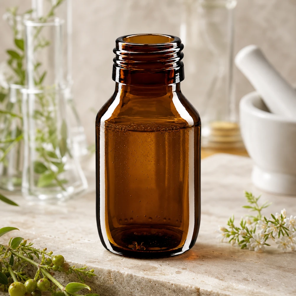 Butelka na leki 50ml brązowa, bez zakrętki PP28 ApoGlas. Farmaceutyczna jakość produkcji UE. Gwint 28 mm. (syrop, butelka z lekkiego szkła) Nachhaltige 50ml Medizinflasche aus recycelbarem Braunglas PP28 Thread ApoGlas Design