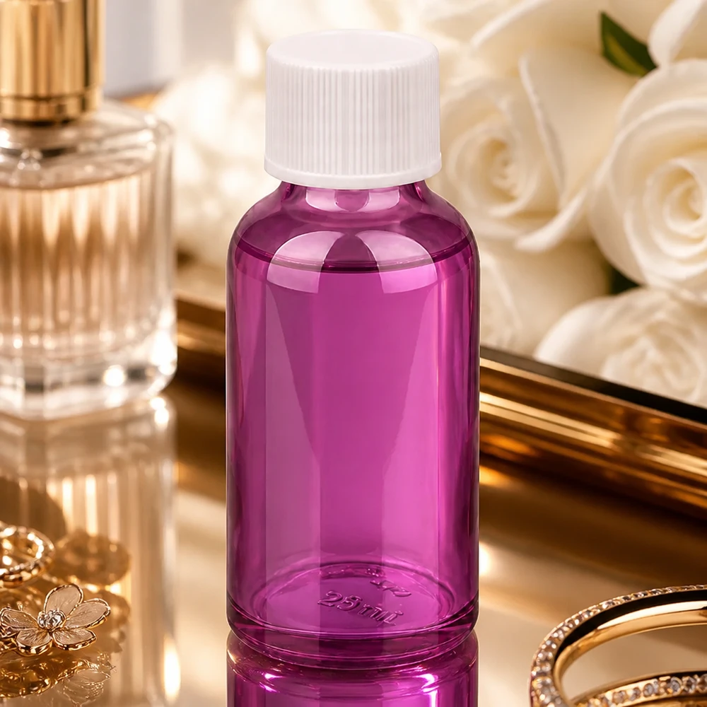 Butelka 30 ml z zakrętką 11 mm, biała, standardowa PurpleLine UT18/30 Butelka PurpleLine 30 ml w eleganckim fioletowym kolorze z białą standardową zakrętką do produktów kosmetycznych