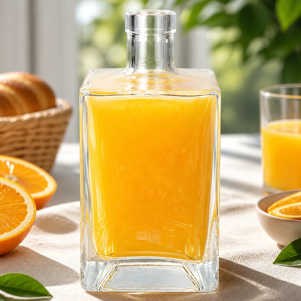 Szklana butelka Ben 700 ml bez zamknięcia UNiTWIST® 700 ml szklana butelka Bena wypełniona sokiem pomarańczowym na stole śniadaniowym zastawionym świeżymi pomarańczami i ciastkami