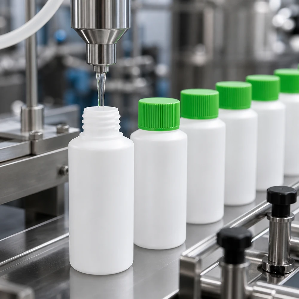 Butelka apteczna HDPE 30ml biała, z zielonym SV Automatyczna linia rozlewnicza napełnia białą butelkę z HDPE o pojemności 30 ml z zieloną zakrętką