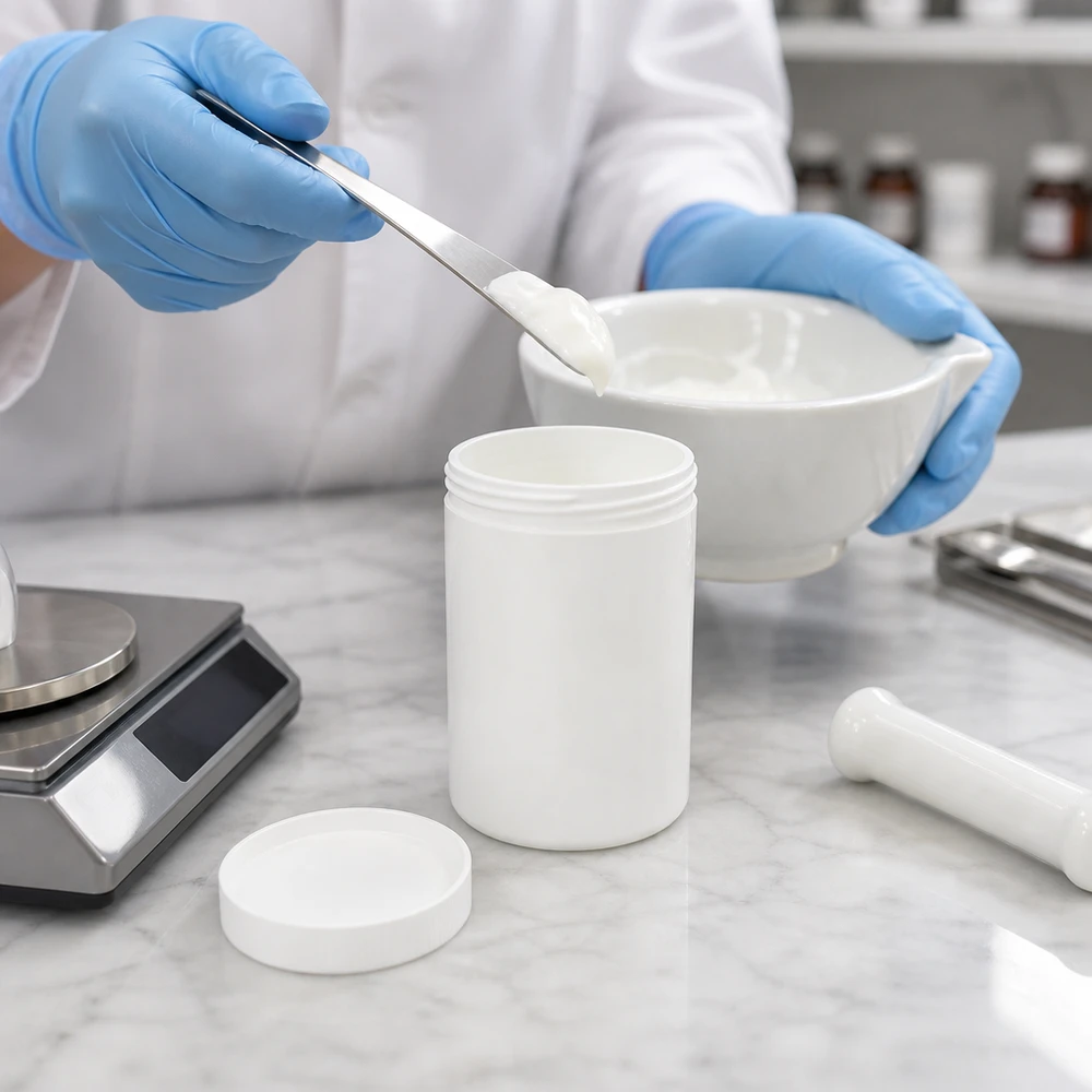 Farmaceuta napełnia białą słoik na maść o pojemności 250 g kremem przygotowanym na receptę, korzystając z porcelanowej miseczki w pomieszczeniu czystym