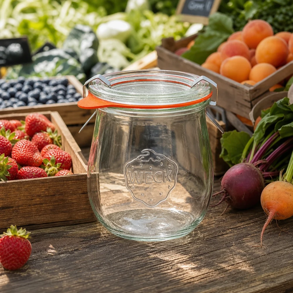 Słoik tulipan 220ml kompletny WECK RR60 WECK słoik tulipan 220ml RR60 pusty na drewnianym stole w otoczeniu świeżych owoców i warzyw z targu zestaw słoików do przetworów