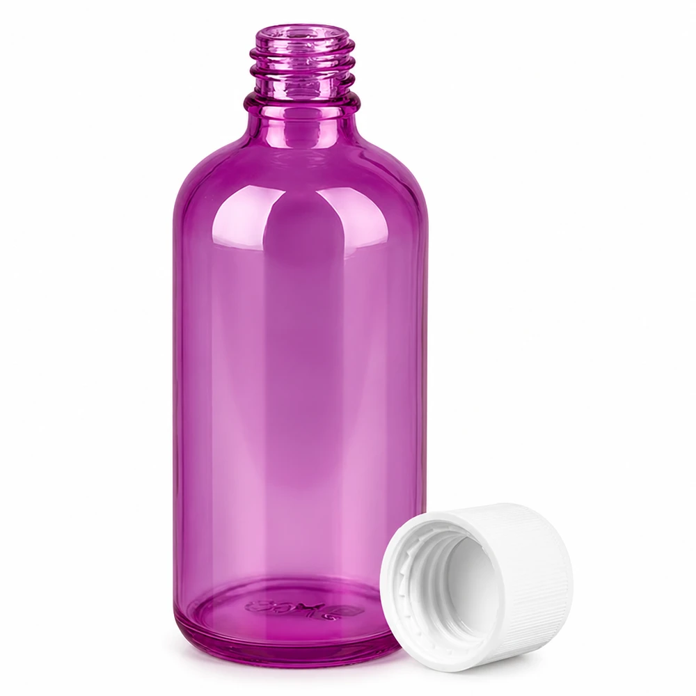 Butelka 100ml 11mm z białą zakrętką PurpleLine z zabezpieczeniem przed dziećmi. UT18/100 Fioletowa plastikowa butelka 100 ml z gwintem UT18 i białą zakrętką do produktów płynnych