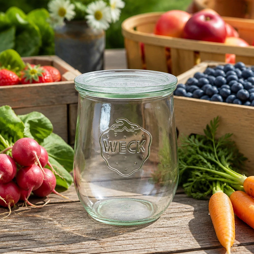 Słoik tulipan o pojemności 1062 ml ze szklaną pokrywką WECK RR100 WECK słoik tulipan 1062ml szklana pokrywka RR100 Konserwowanie świeżych owoców warzywa rzodkiewki marchew borówki drewniany stół