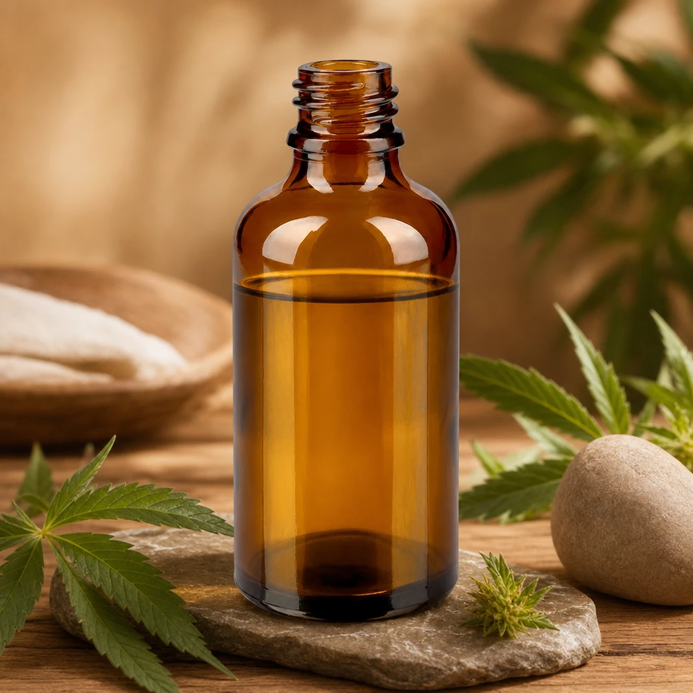 50 ml brązowa butelka apteczna ApoGlas na kamiennym talerzu z liśćmi konopi i naturalnymi produktami Atmosfera spa