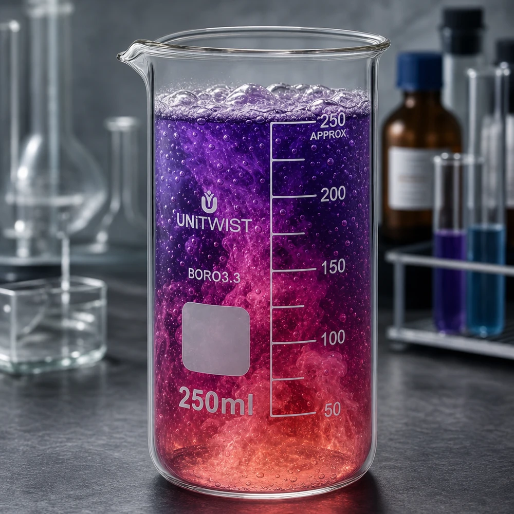 Zlewka 250 ml borokrzemianowa, wysoka UNITWIST Szklanka UNITWIST o pojemności 250 ml, wysoka, z fioletowo-czerwonym płynem reakcyjnym i tworzeniem się pęcherzyków