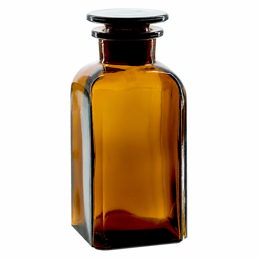 Brązowa butelka kwadratowa o pojemności 350 ml z szklanym korkiem, wykonana z wysokiej jakości szkła borokrzemowego, przeznaczona do laboratoriów i aptek