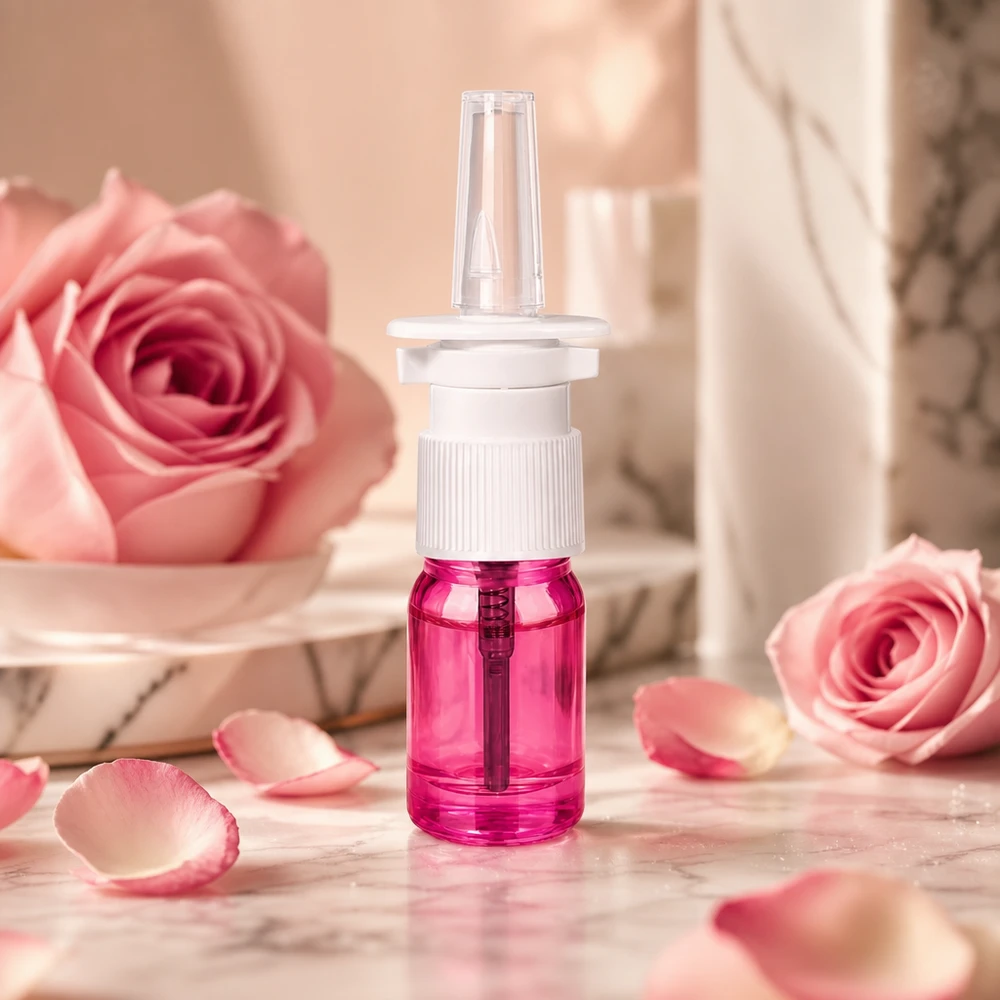Poręczna butelka z rozpylaczem o pojemności 5 ml w eleganckim fioletowym kolorze z precyzyjnym systemem rozpylania do nosa