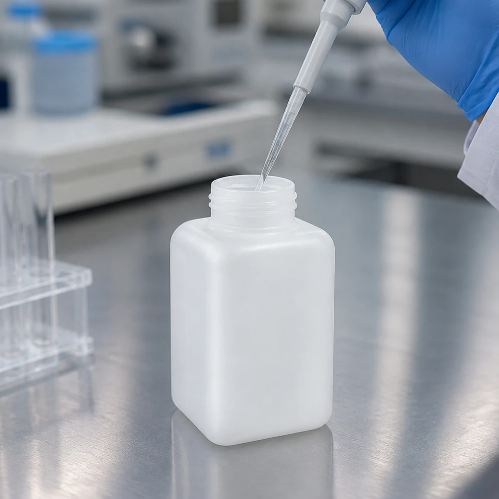 Butelka na chemikalia o szerokiej szyjce, 1000 ml, z polietylenu HD w kolorze naturalnym, z pipetą, podczas napełniania w laboratorium