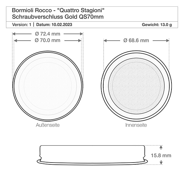 Słoik okrągły 700 ml „Quattro Stagioni” z pokrywką Rysunek techniczny Quattro Stagioni 700ml wymiary wieczka 72,4mm średnica zewnętrzna QS70 zakrętka złota Bormioli Roc