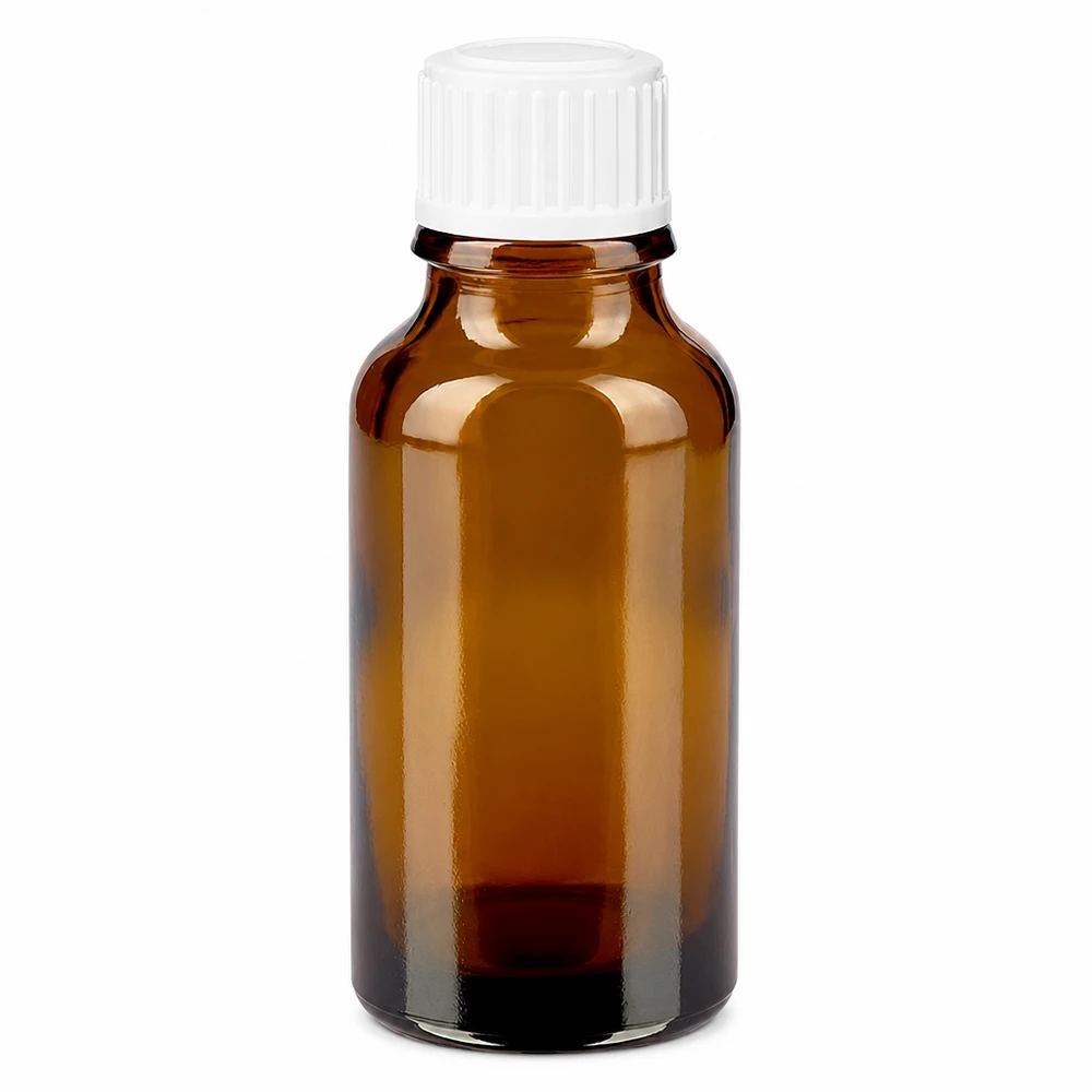 20 ml brązowa szklana buteleczka apteczna z białą zakrętką standardową 11 mm