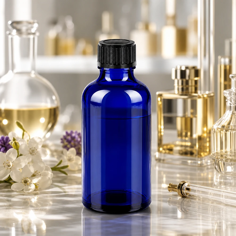 50 ml butelka 11 mm SV czarna OV BlueLine UT18/50 Mała szklana butelka 50 ml z gwintem UT18/50 w jasnoniebieskim kolorze do precyzyjnego dozowania