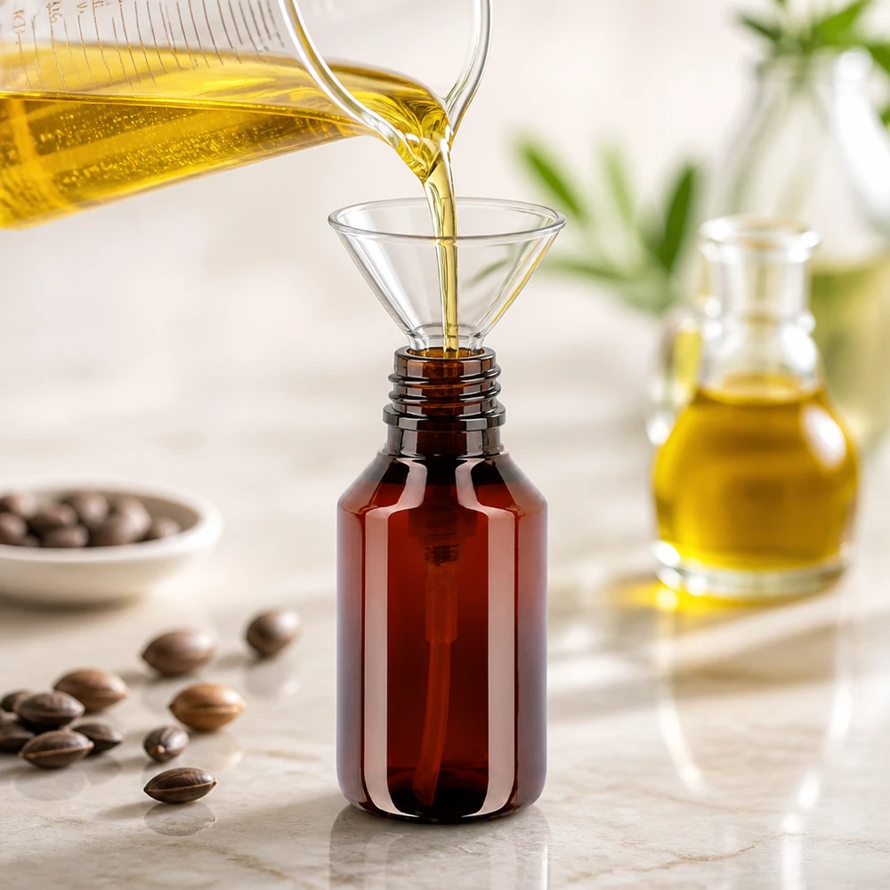 Butelkę PET o pojemności 50 ml w kolorze bursztynowym napełnia się żółtym olejem za pomocą lejka na marmurowym podłożu
