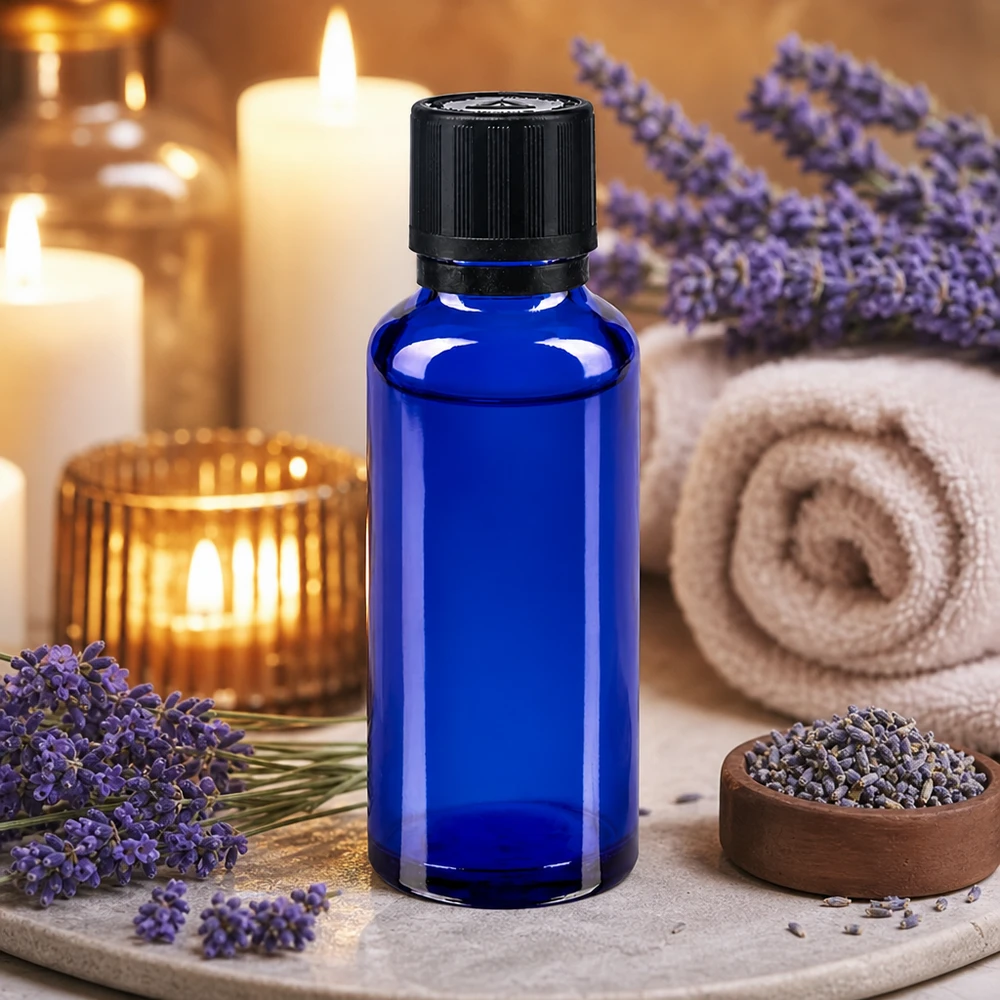 Niebieska szklana buteleczka o pojemności 30 ml z zakraplaczem w atmosferze spa, z kwiatami lawendy i świecami