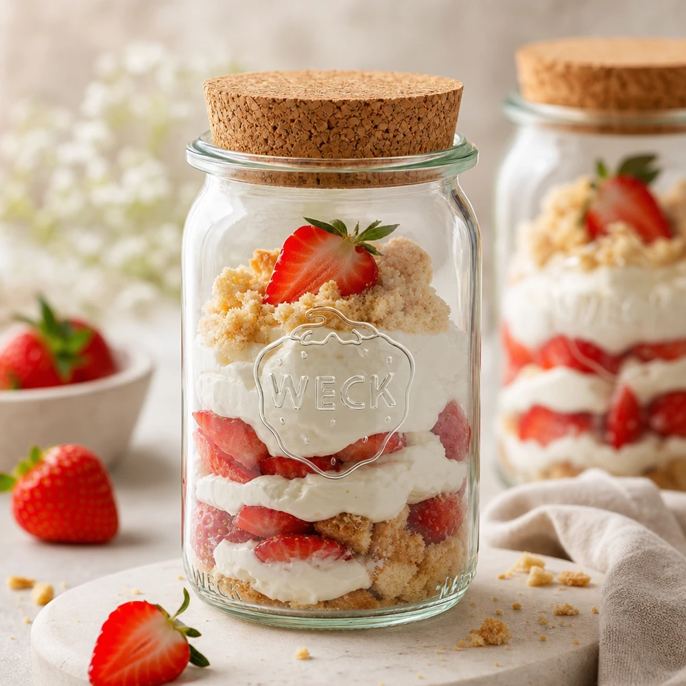 Słoik na przetwory WECK 145ml z korkową pokrywką może być używany jako słoik na deser z tartą truskawkową i warstwowym deserem tiramisu w słoiku.