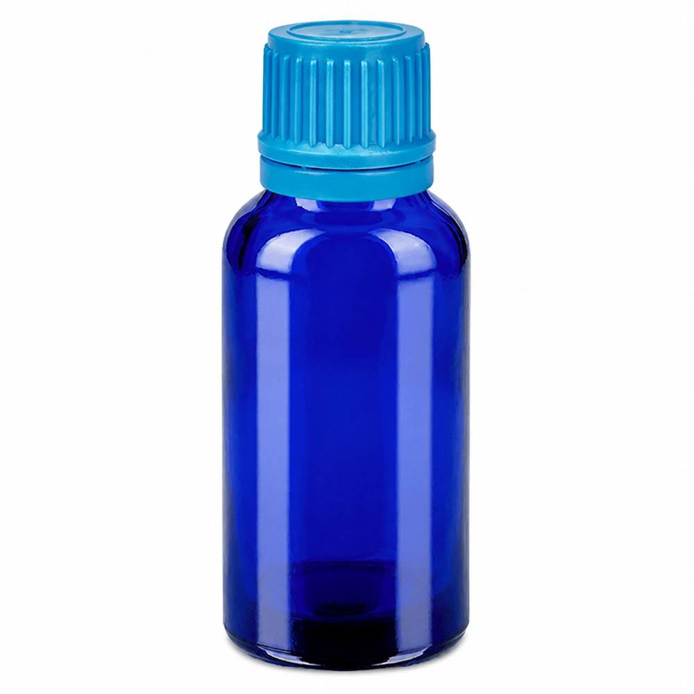 Butelka 30 ml 11 mm SV niebieska OV BlueLine UT18/30 Niebieska szklana butelka 30 ml z jasnoniebieską zakrętką na olejki eteryczne i kosmetyki