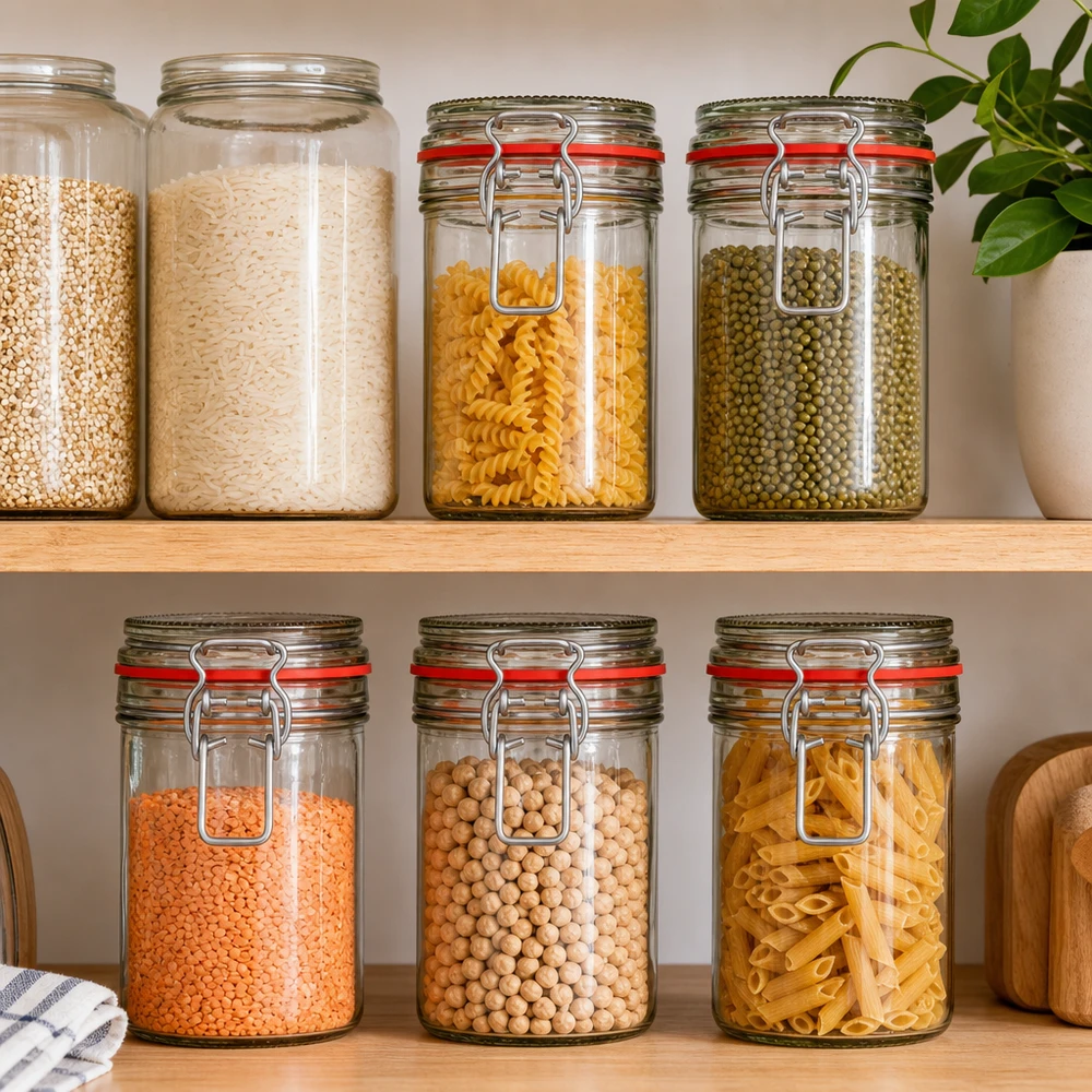 Słoik do przechowywania o pojemności 272 ml, typ G, z zamknięciem na zatrzask UN.. Słoiki do przechowywania z uchylną górą wypełnione makaronem ryżem soczewicą ciecierzycą zorganizowana spiżarnia do przechowywania w kuchni