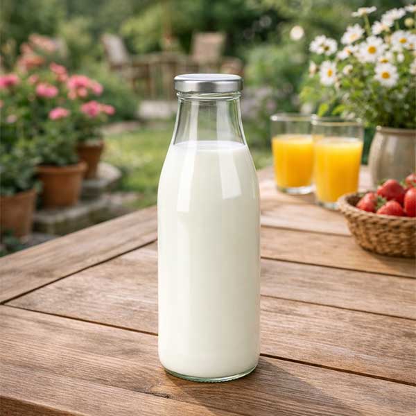 Szklana butelka 500 ml + pokrywka BasicSeal w kolorze srebrnym UNiTWIST. Całkowicie szczelna z dużą pokrywką TO48. Do mleka, soków i lemoniady.