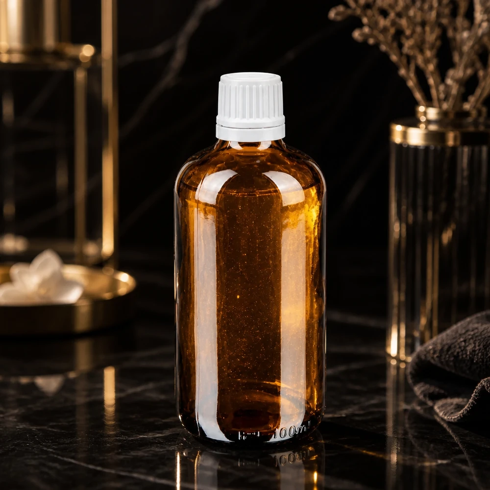 Brązowa butelka z zakraplaczem o pojemności 100 ml z białym oryginalnym zamknięciem, elegancko wyeksponowana na tle czarnego marmuru