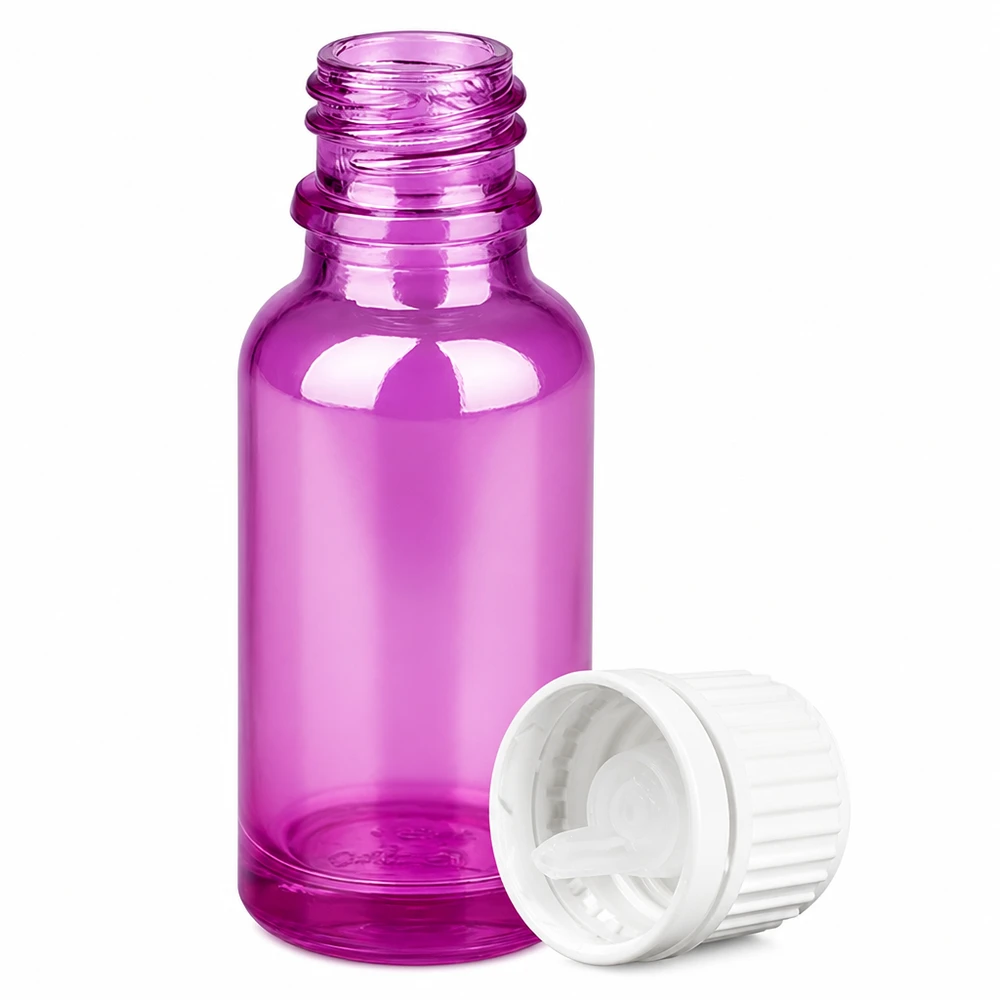 20 ml fioletowa szklana butelka z białym zakraplaczem do olejków eterycznych i serum