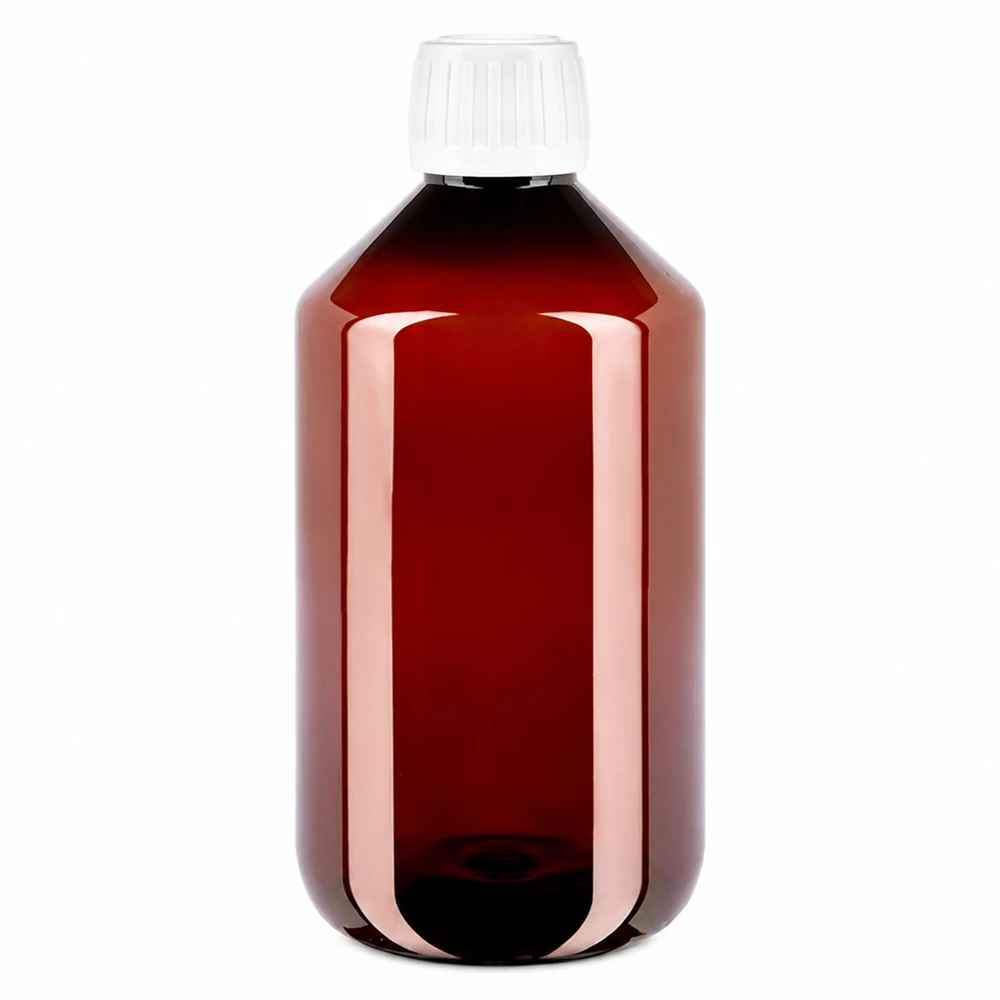 Brązowa butelka PET o pojemności 500 ml z białym zamknięciem zabezpieczającym przed otwarciem, przeznaczona do płynów