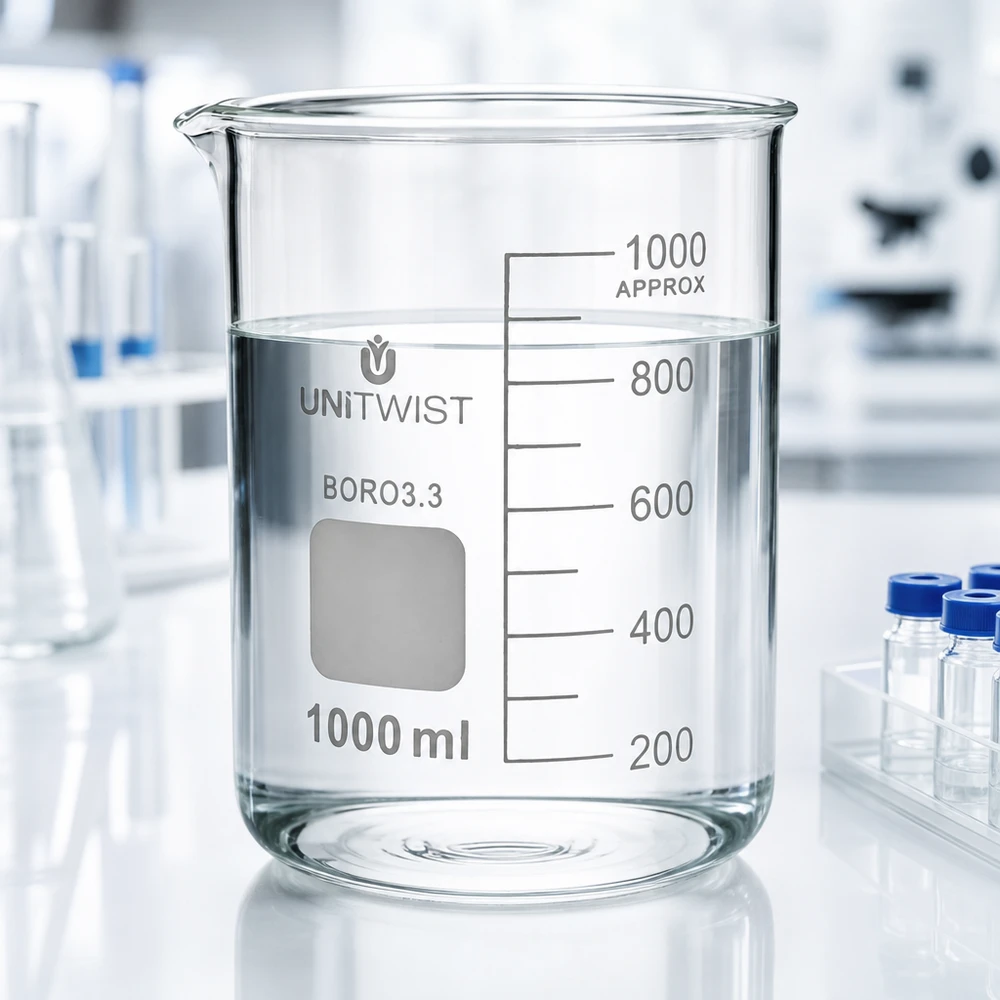 Szklanka UNiTWIST o pojemności 1000 ml, wykonana ze szkła borokrzemowego 3.3, o niskim profilu, napełniona wodą, stojąca na stole laboratoryjnym
