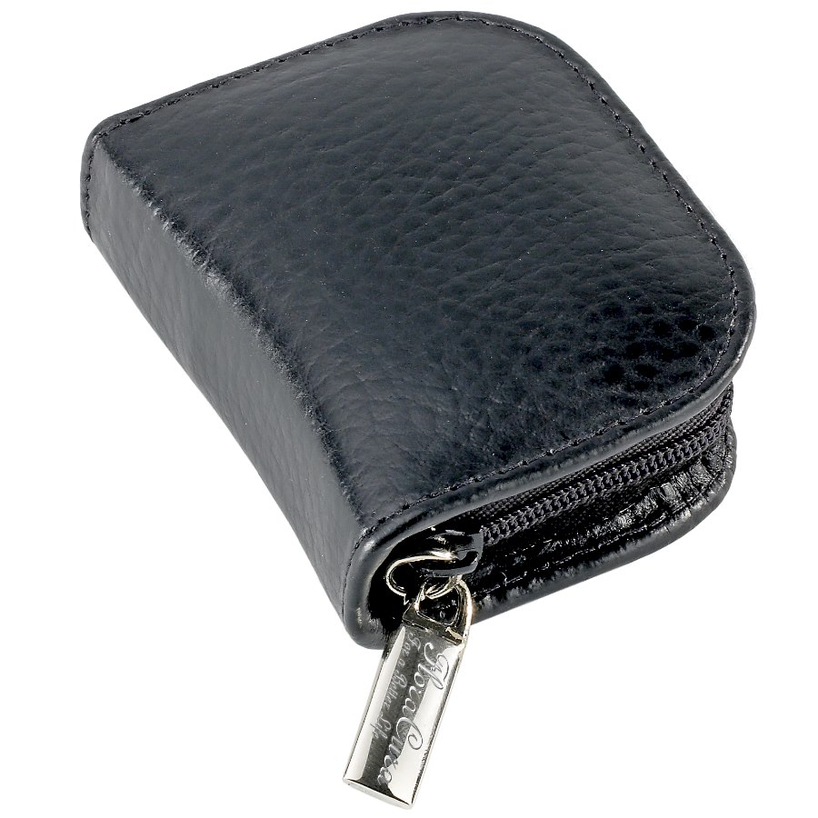 Czarne sk&#243;rzane etui na 10 s&#322;oik&#243;w &#248; 8-10 mm FloraCura. Z delikatn&#261; wewn&#281;trzn&#261; podszewk&#261;, 10 elastycznymi szlufkami i praktycznym zamkiem b&#322;yskawicznym