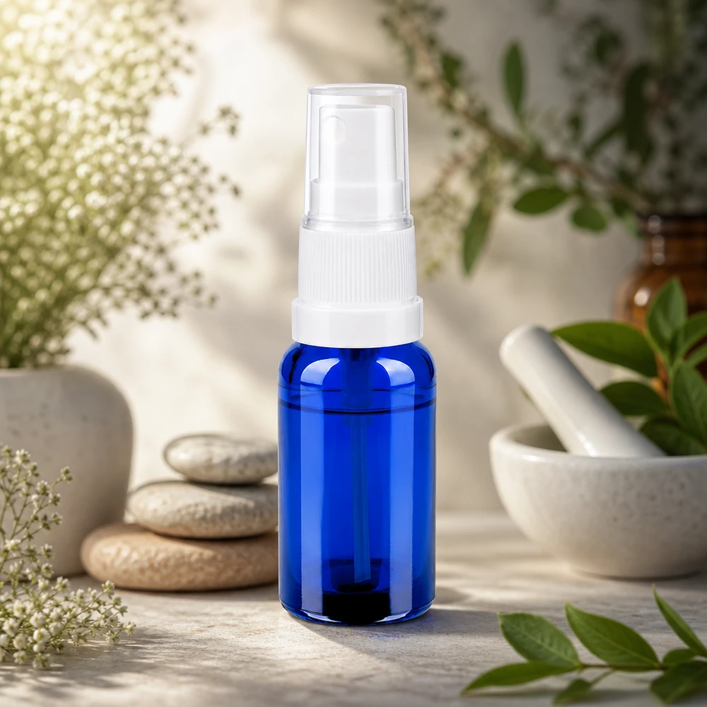Butelka ze spryskiwaczem 20 ml biała/przezroczysta STD BlueLine UT18/20 Poręczna szklana butelka z rozpylaczem o pojemności 20 ml w kolorze niebieskim z ergonomiczną białą nasadką rozpylającą.