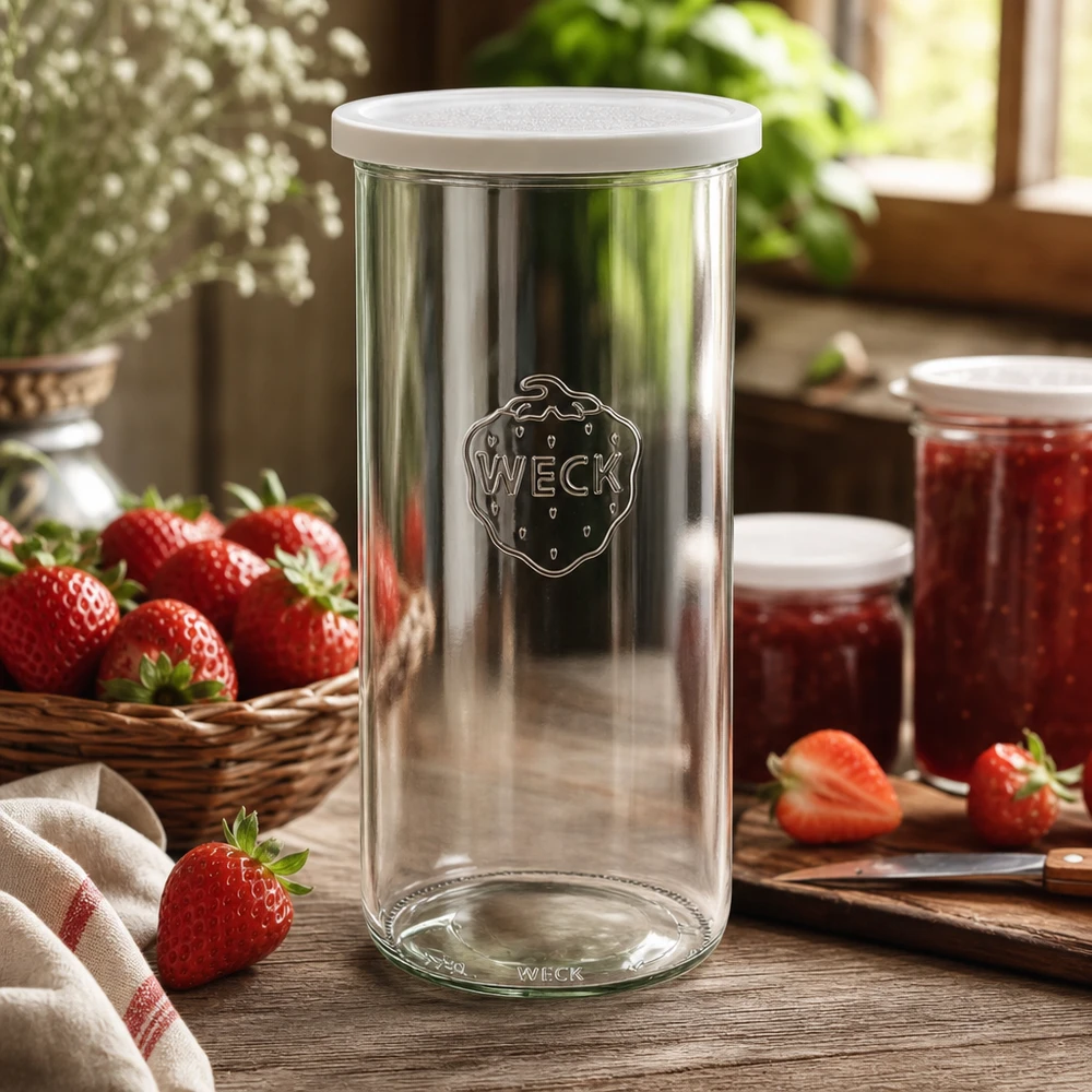 Słoik do przechowywania WECK 1500 ml RR100 w rustykalnej kuchni z truskawkami i słoikami dżemu jako ujęcie lifestylowe