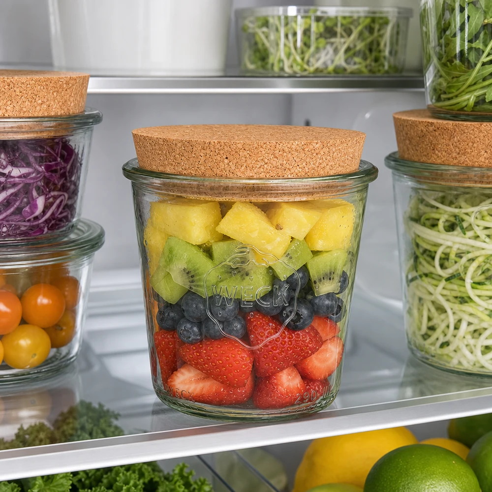 Kubki WECK 290ml RR80 z korkową pokrywką do przechowywania świeżych owoców w lodówce Meal Prep