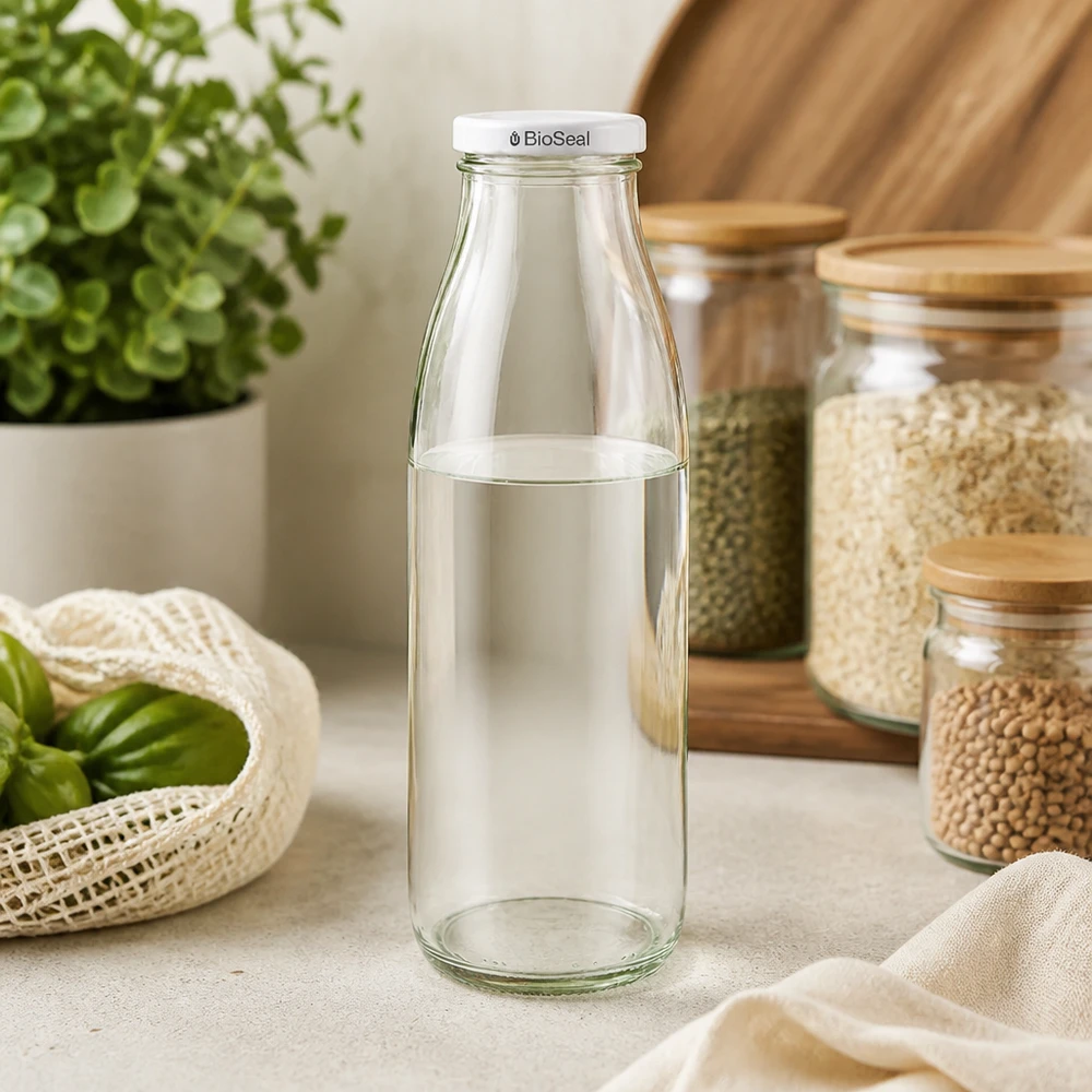 Butelka szklana 500 ml + pokrywka BioSeal biała UNiTWIST. Całkowicie szczelna z dużą pokrywką TO48. Do mleka, soków i lemoniady. 500ml Glasflasche leer mit weißem BioSeal Deckel in nachhaltiger Küche zwischen Vorratsgläsern und Bio-Gemüse
