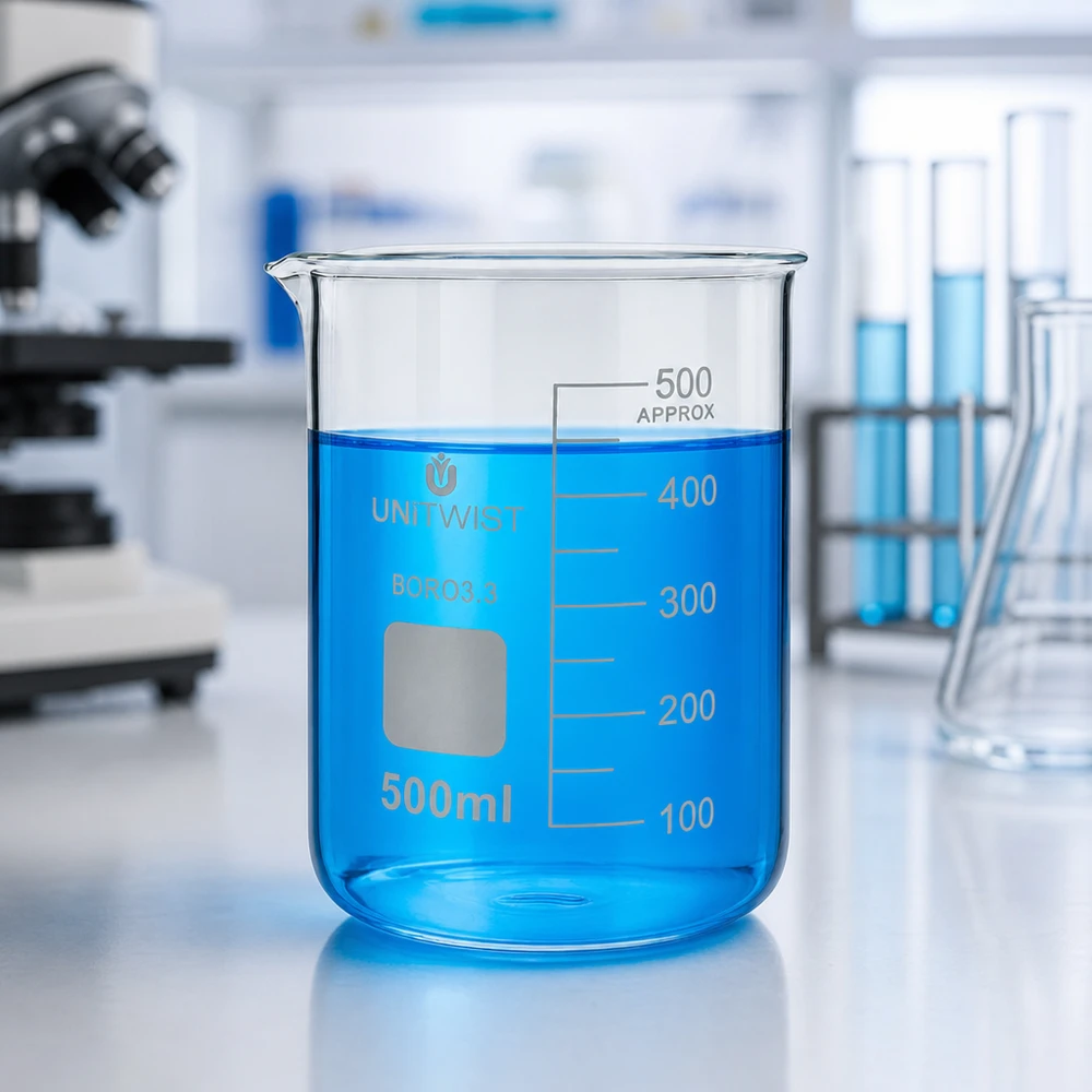 Zlewka 500 ml borokrzemianowa, niski kształt UNiTWIST Szklanka UNiTWIST o pojemności 500 ml, o niskim kształcie, napełniona niebieskim płynem do oznaczenia 450 ml