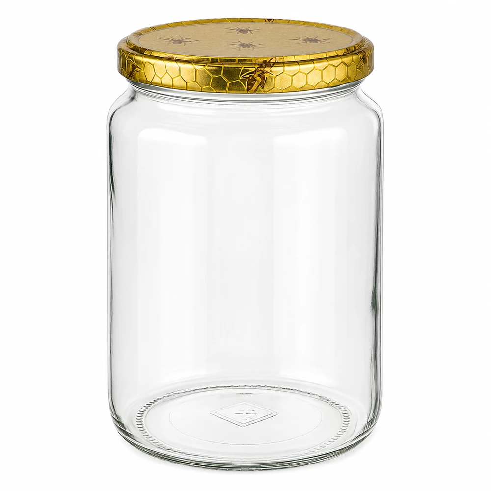 1000g Honigglas mit Bienenwabe Deckel BasicSeal UNiTWIST Pusty szklany słoik na miód 1000g ze złotą pokrywką w kształcie plastra miodu i motywem pszczoły do przechowywania miodu pszczelarskiego
